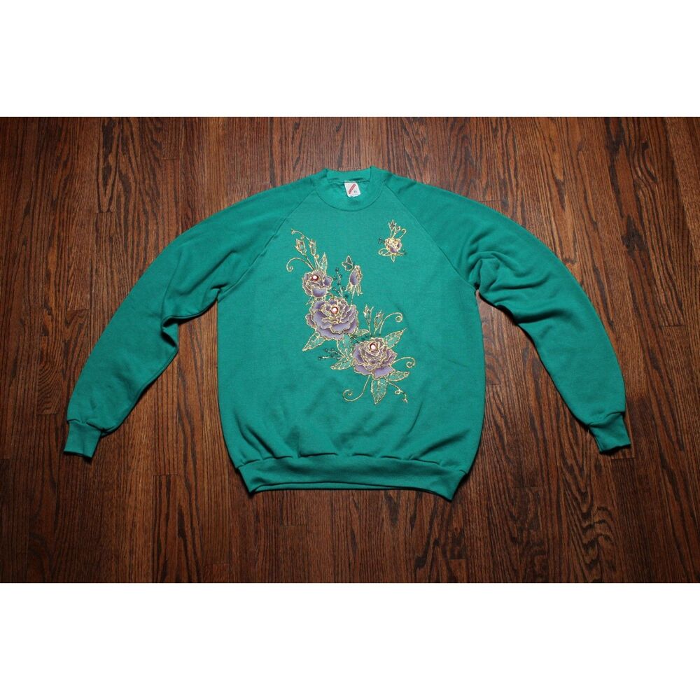 Vintage 90's USA-Made Jerzees Embellished Stoned Rose Flower Sweatshirt - XL